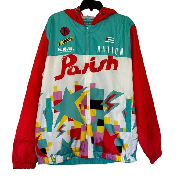 Retro Parish Nation mens size large L windbreaker hooded streetwear zip jacket - Picture 1 of 11